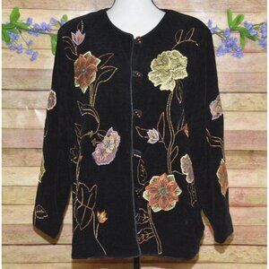 Indigo Moon Art to Wear Black & Gold Floral Embroidered Beaded Jacket Size L